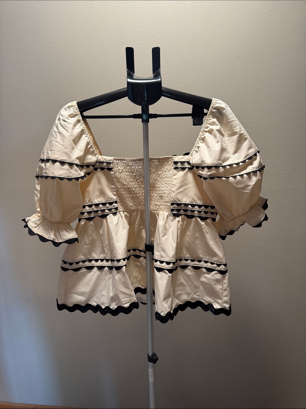 SO ME Makeover Essentials Cream Puff-Sleeve Off-Shoulder Top with Black Trim - Picture 2 of 3